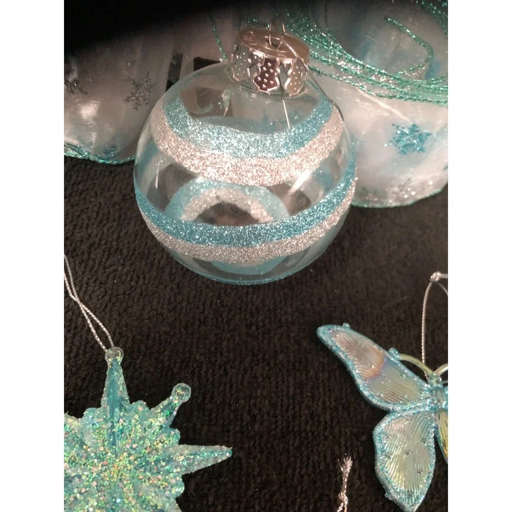 Lot of Vintage Teal/Blue Ornaments~Teal Wired Ribbon Excellent Condition